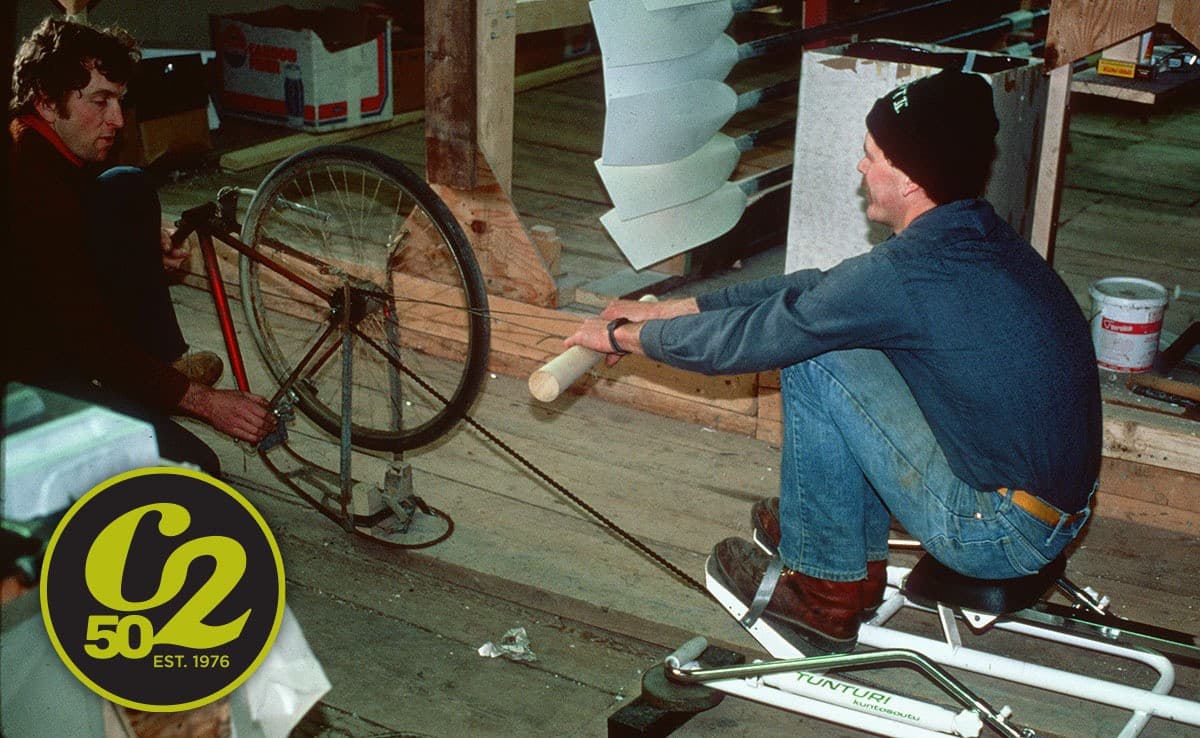 Concept2 50th Anniversary with man on prototype rower