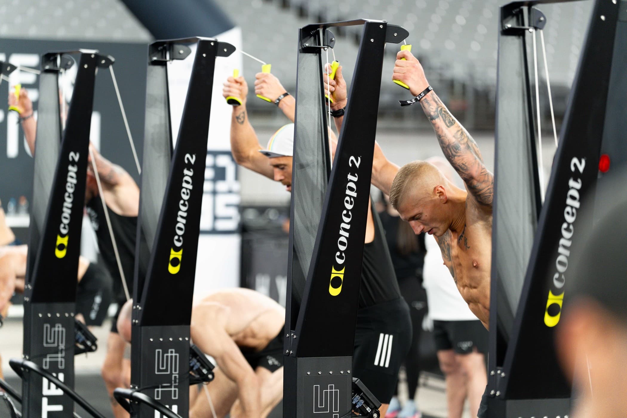 Men on Concept2 SkiErg at HYROX