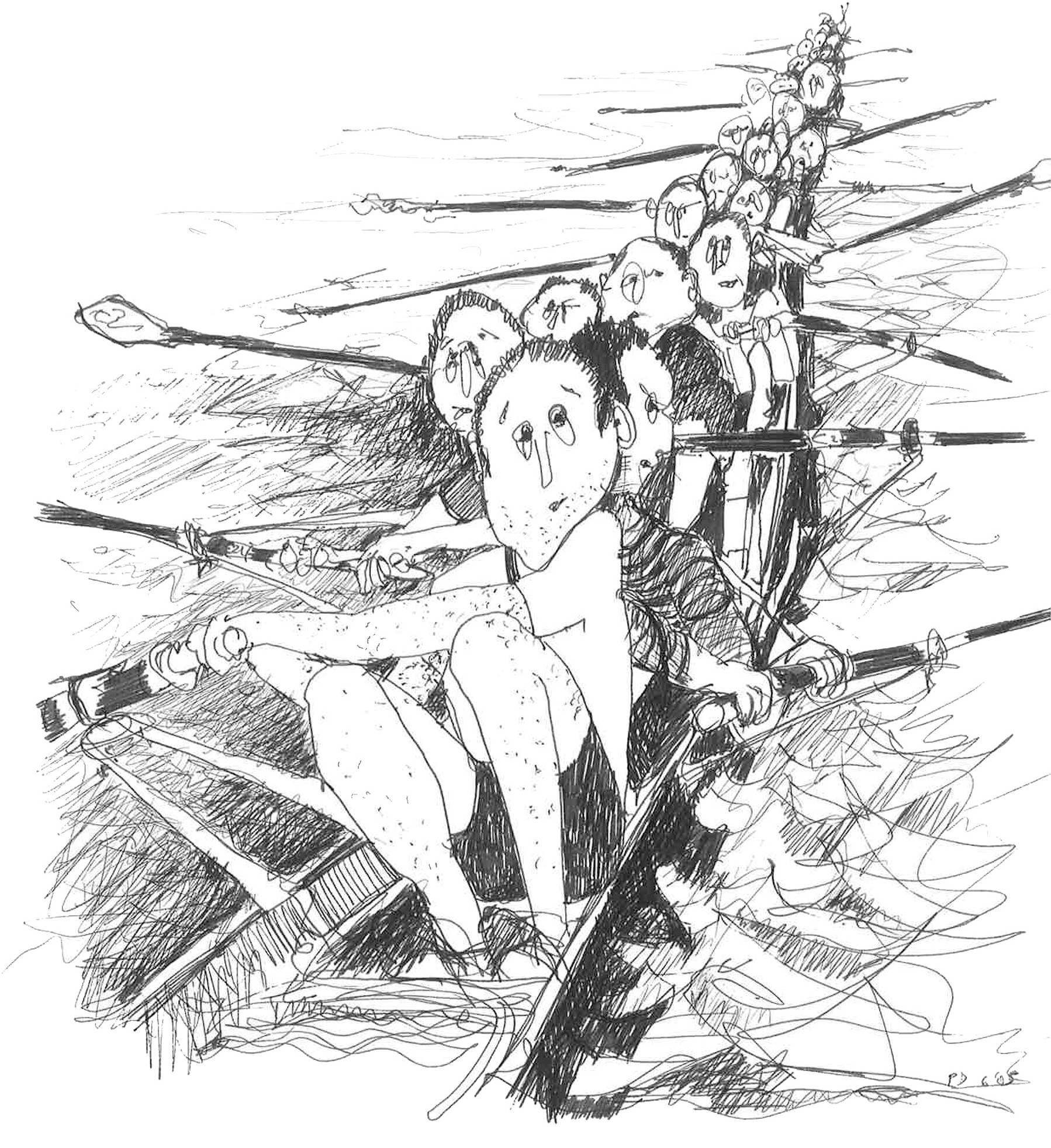 Illustration of many people rowing in a traditional shell 