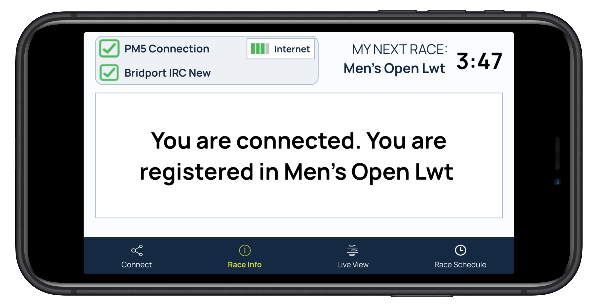 ErgRace Online mobile screenshot of the race info screen 