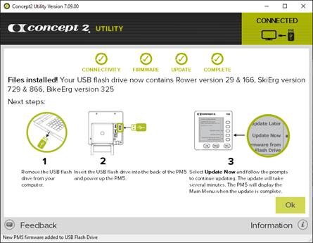 Screenshot of C2 Utility showing installation instructions. 1 - remove USB drive from computer, 2 - insert USB drive into the USB slot on the back of your PM5. 3 - press the 4th button down on your PM5 to Update Now.